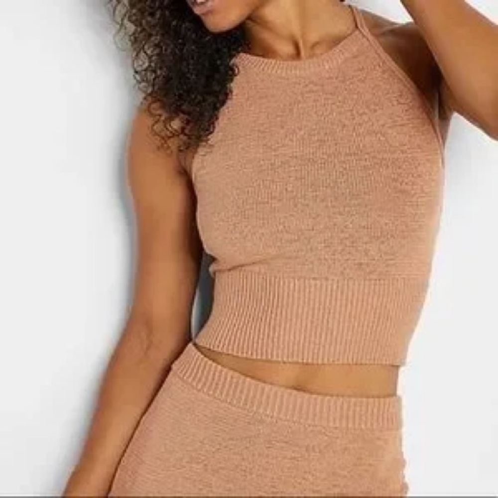 Express Top Womens Large Tan Knit Halter Sweater Tank Open Back Y2K Coastal